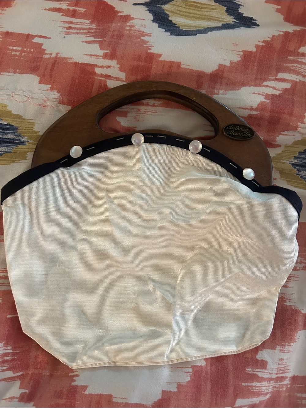 White Pearl-Trim Tote with Wooden Handles by Anthony Alexander